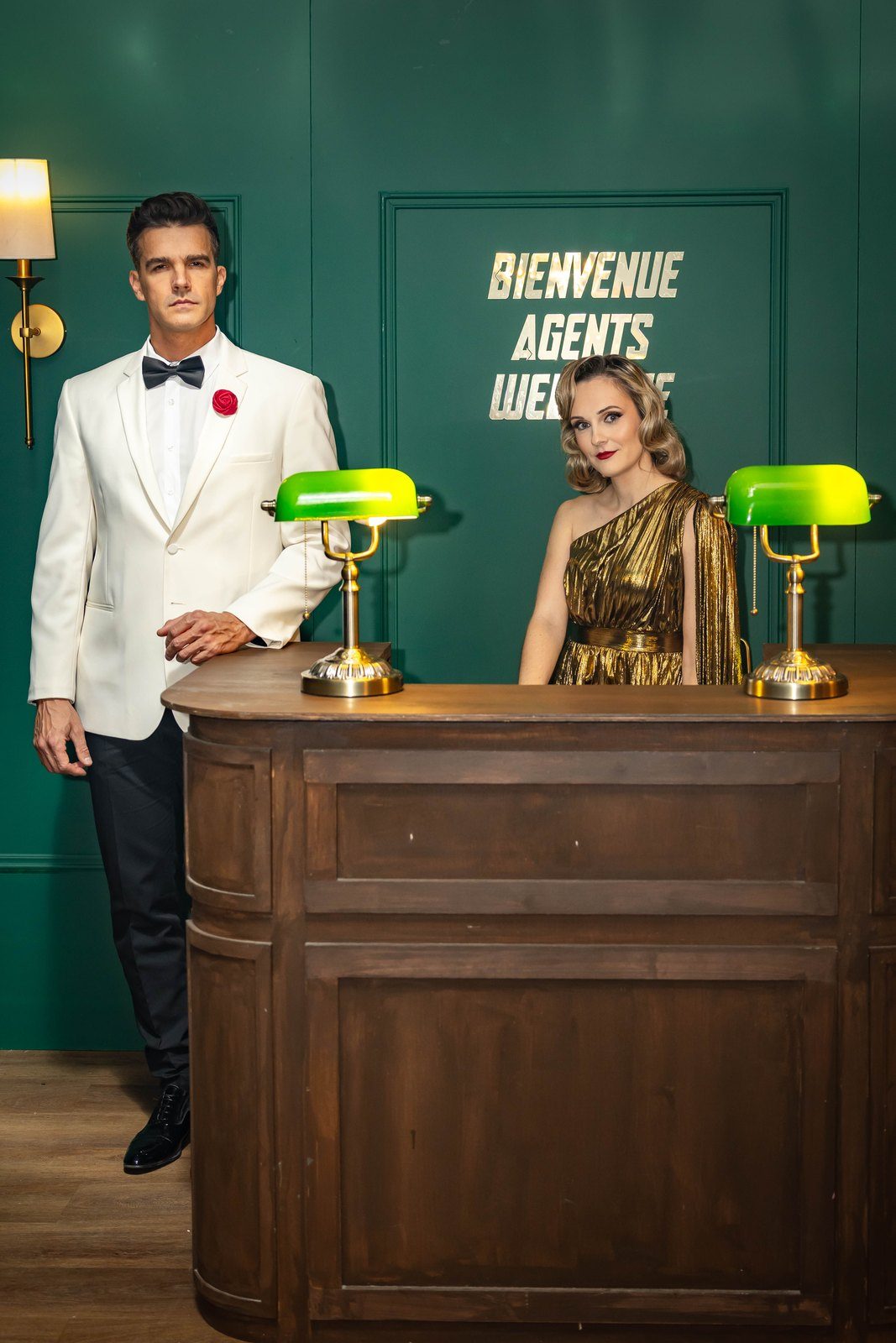 A themed welcome desk at a company party