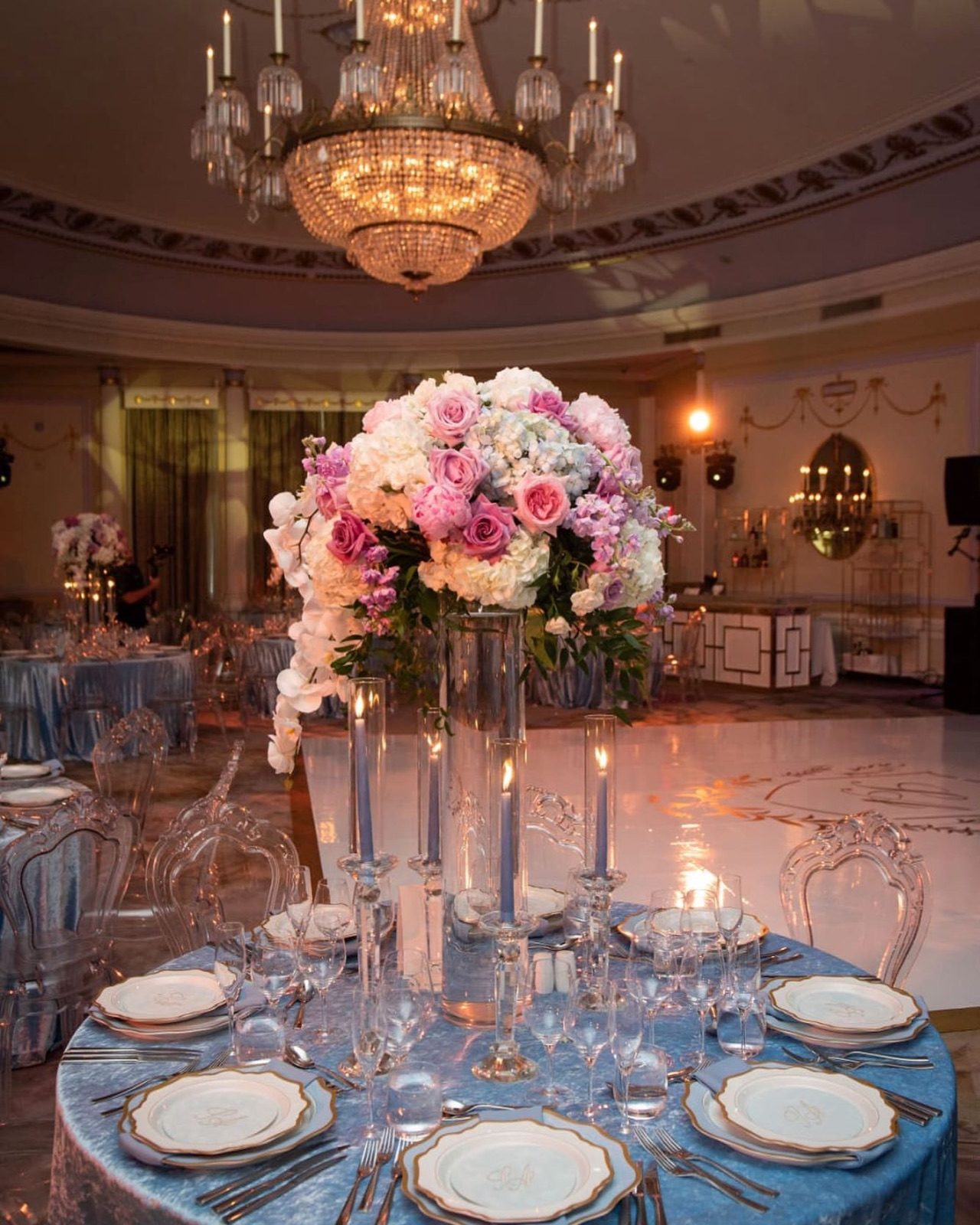 Ballroom under a grand chandelier
