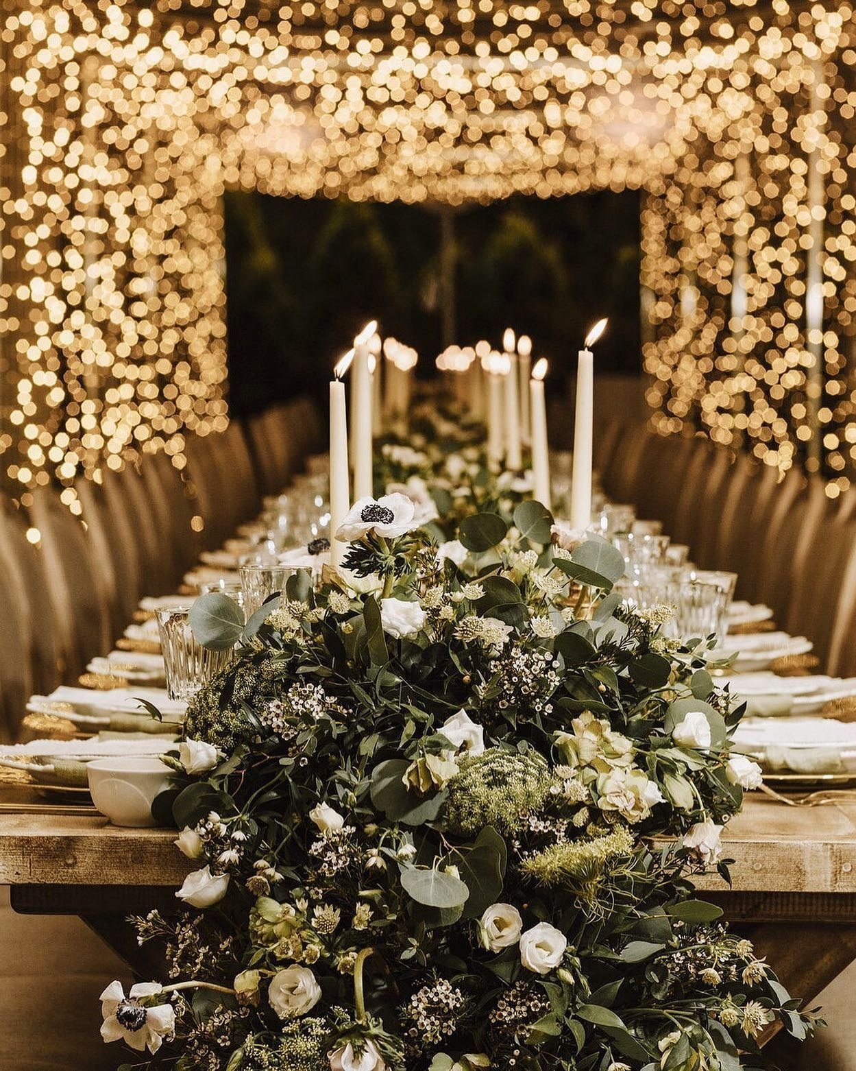 A long table under a canopy of lights