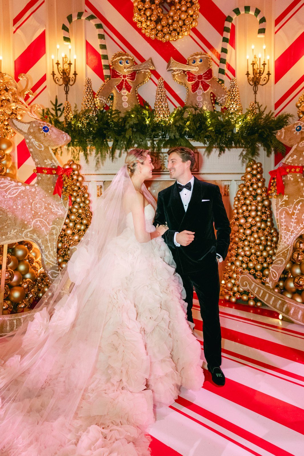 Bride and groom in a holiday setting